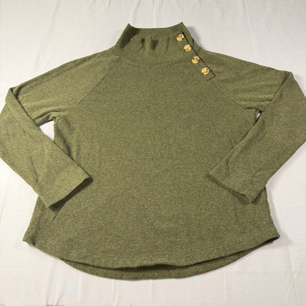J.Crew Womens Small Olive Green Button Shoulder Mock Neck Raglan Top Sweater